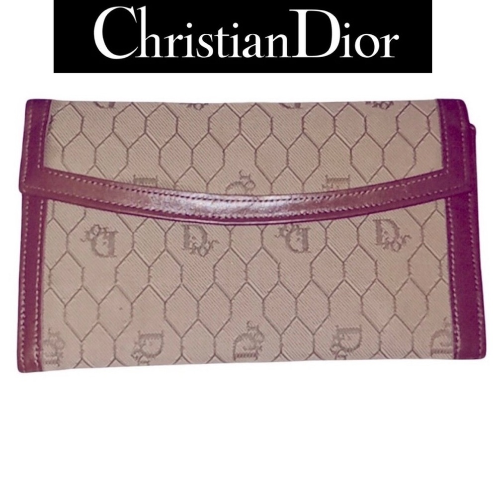 CHRISTIAN DIOR Honeycomb Canvas Wallet w/Internal Kiss Lock Coin Purse, EUC